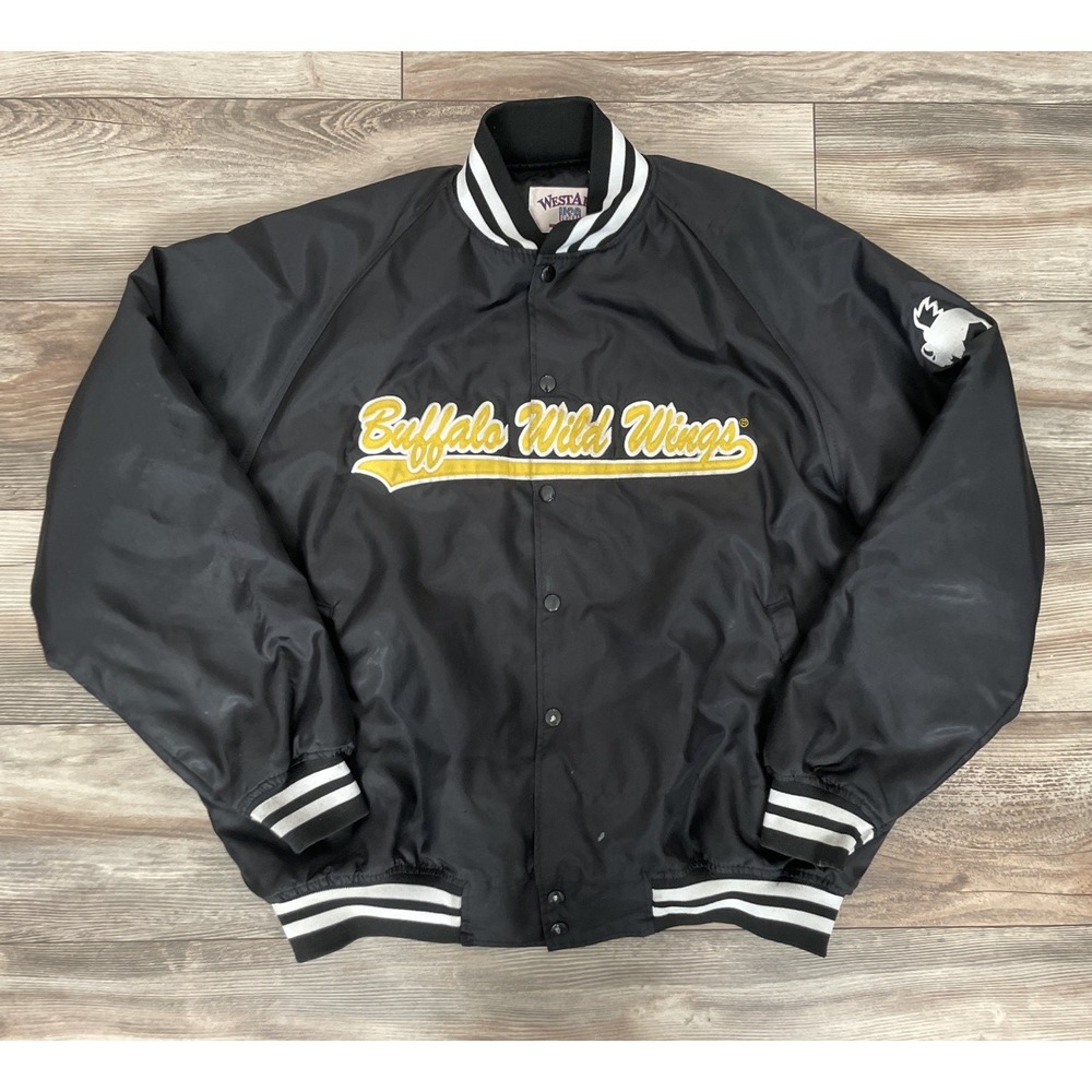 Vintage Buffalo Wild Wings Bomber Jacket Mens XL Westark Black Nylon Snap Front